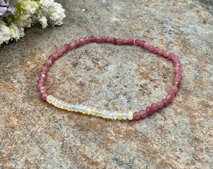 3mm Pink Tourmaline & Ethiopian Opal Bead Bracelet - 7.5" Unisex Jewelry