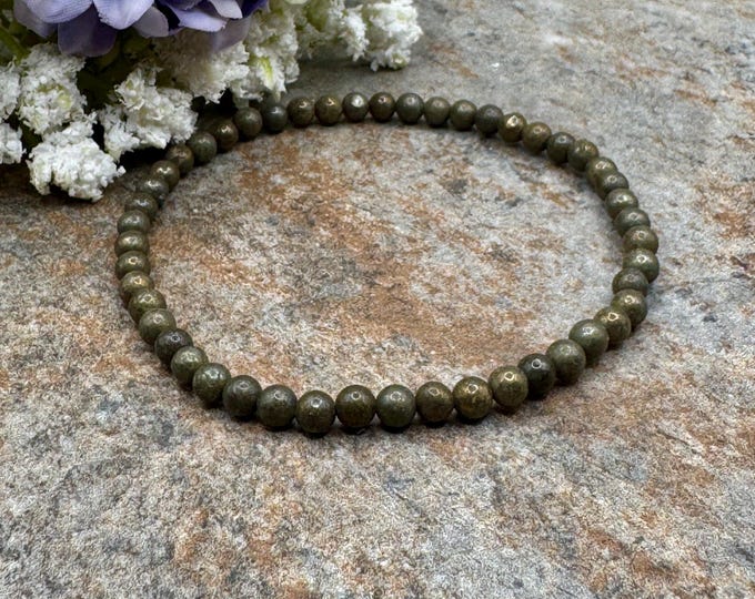 4mm Pyrite Crystal Bead Stretch Bracelet, Metallic Iron Gemstone, 7.5"