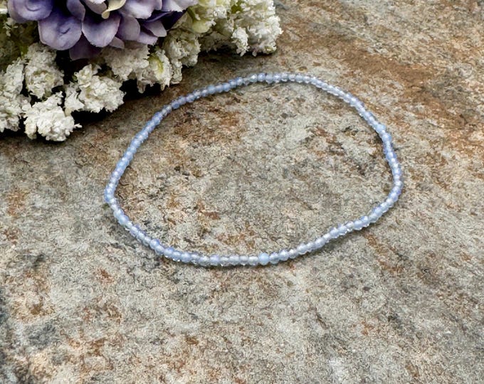 Stretch 2mm Faceted Blue Opalite Bracelet - Iridescent Gemstone Unisex Jewelry - 7.5”