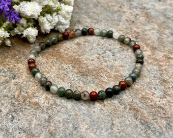 4mm African Bloodstone Crystal Bead Stretch Bracelet, Green Red Gemstone Jewelry