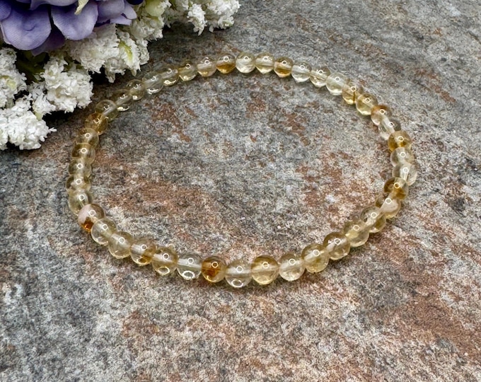 4mm Citrine Crystal Bead Stretch Bracelet, 7.5", Golden Yellow Gemstone Jewelry