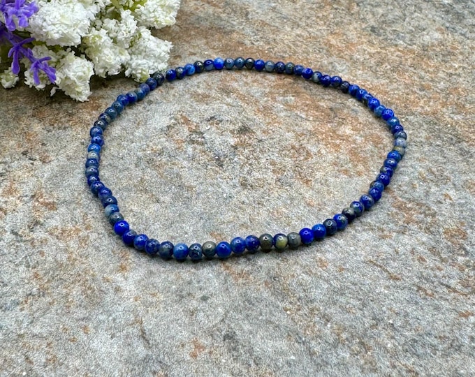 2mm Lapis Lazuli Crystal Bead Stretch Bracelet, 7.5", Blue Gemstone Jewelry