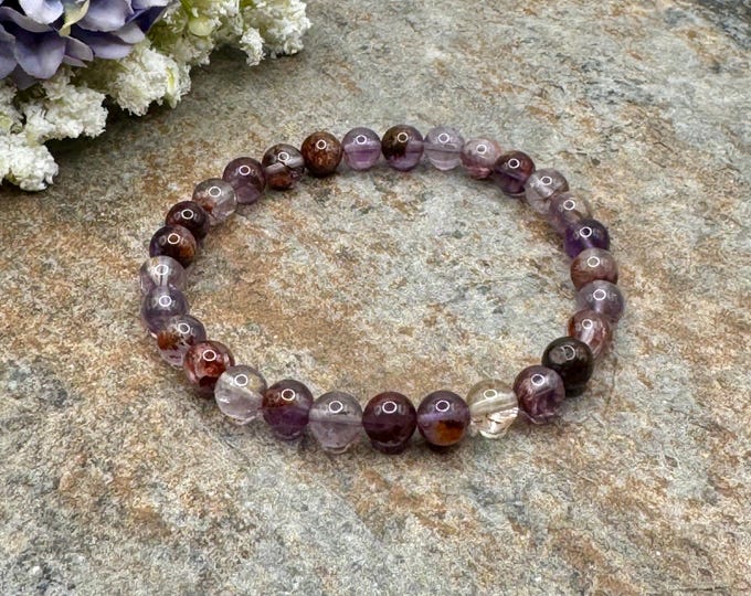 6mm Amethyst Cacoxenite Crystal Bead Bracelet 7.5” – Unisex Handmade Stretch Jewelry