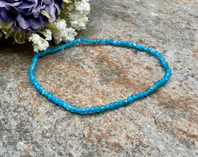 2mm Blue Apatite Crystal Bead Bracelet, Unisex Stretch Jewelry, 7.5”