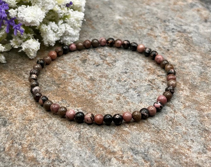 Rhodonite Crystal Bead Bracelet - 7.5" - 4mm Unisex Stretch Jewelry with Pink & Black Beads