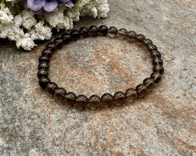 6mm Smoky Quartz Bead Bracelet, Unisex Gemstone, 7.5" Sizable
