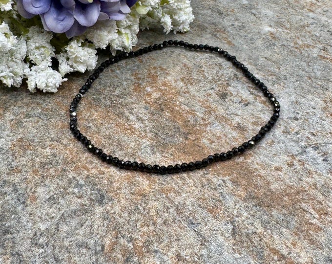 2mm Black Spinel Crystal Bead Stretch Bracelet , 7.5”, Faceted Unisex Jewelry