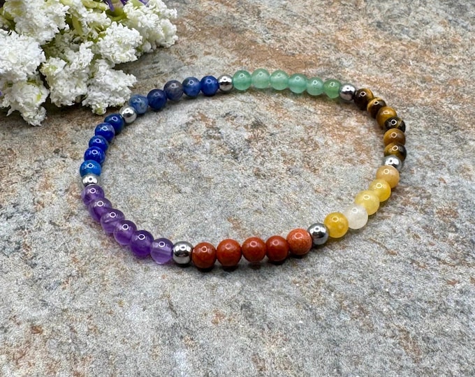 4mm 7 Chakra Crystal Bead Stretch Bracelet,7.5", Dainty Unisex Jewelry