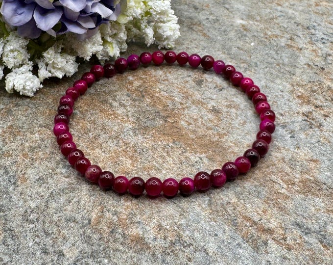 4mm Magenta Tiger's Eye Crystal Bracelet - Handmade Pink Gemstone Jewelry  (7.5")