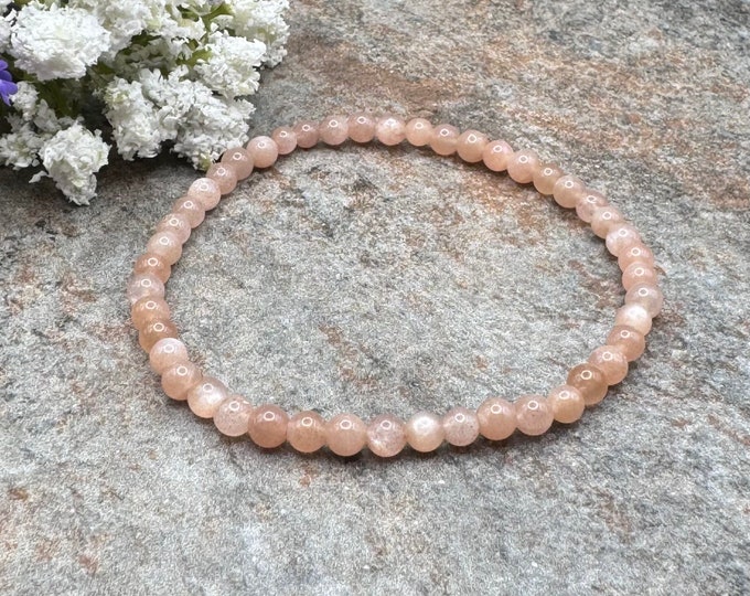 4mm Peach Moonstone Crystal Bead Stretch Bracelet, Sizable 7.5”