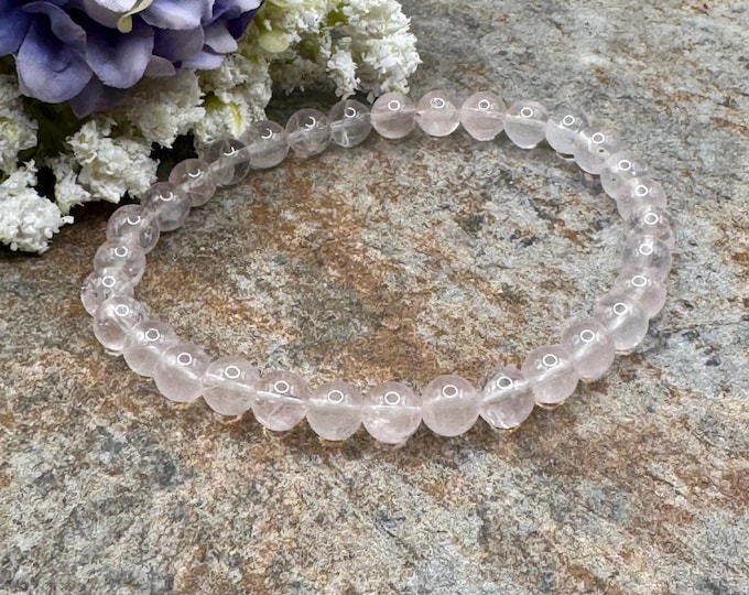 6mm Mozambique Rose Quartz Bracelet - Handmade Beaded Stretch Bracelet - Unisex Sizable Jewelry, 7.5"