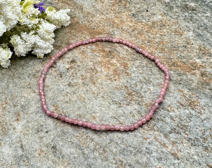 2mm Pink Tourmaline Crystal Bead Bracelet, Gemstone Stretch Bracelet