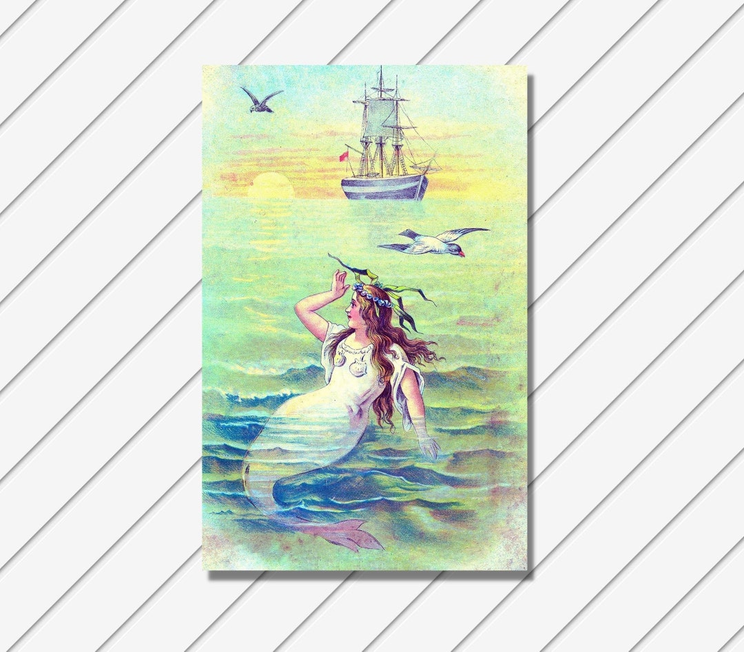 Antique Mermaid Painting Art Print, Vintage Mermaid Wall Art, Mermaid