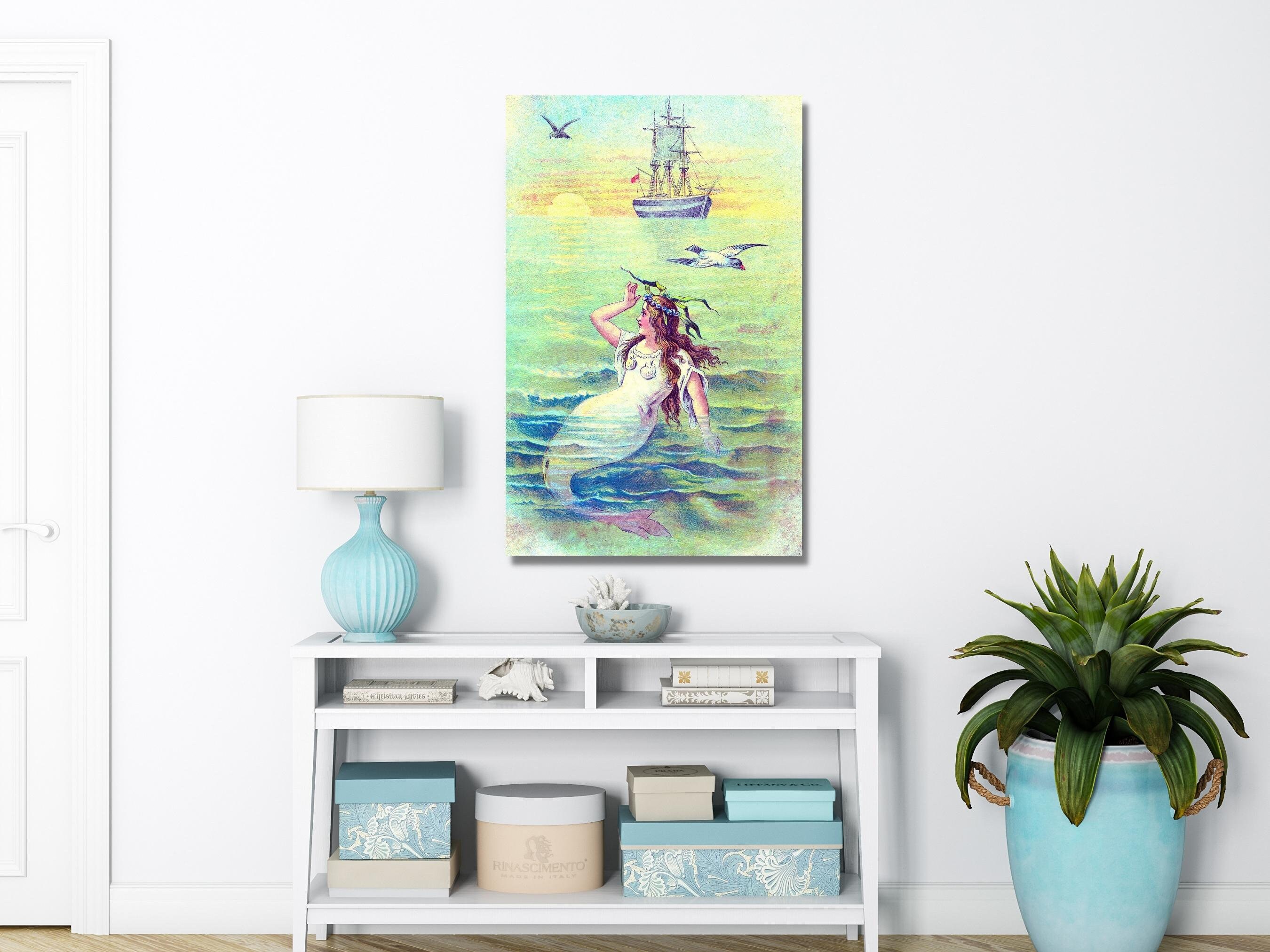 Antique Mermaid Painting Art Print, Vintage Mermaid Wall Art, Mermaid