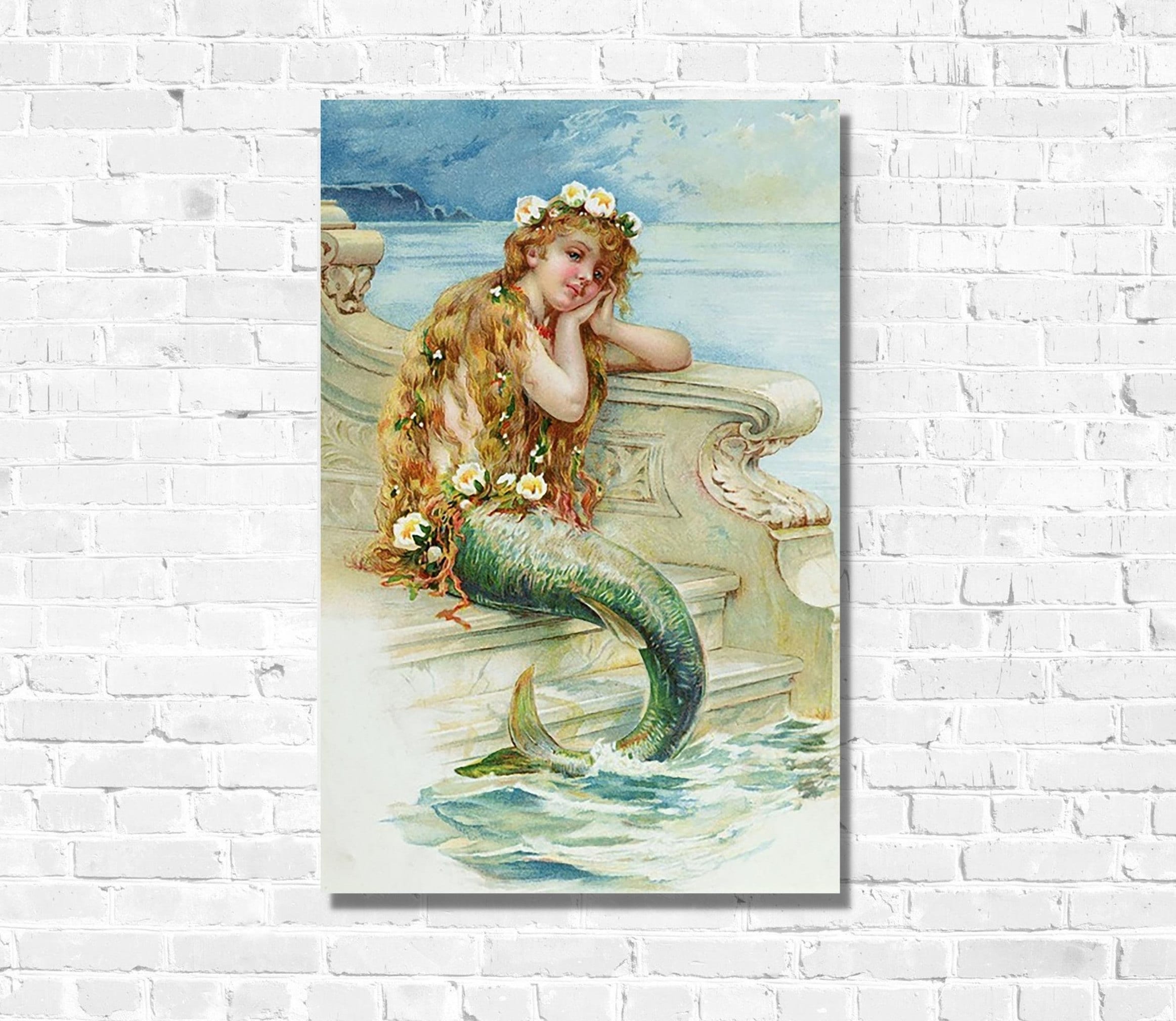 Antique Mermaid Painting Art Print Vintage Mermaid Wall Art Etsy