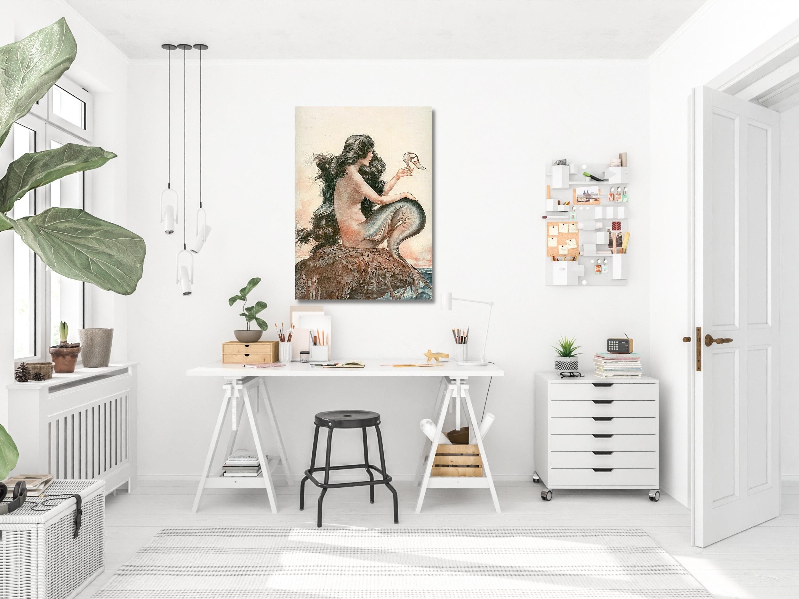 Antique Mermaid Painting Art Print, Vintage Mermaid Wall Art, Mermaid