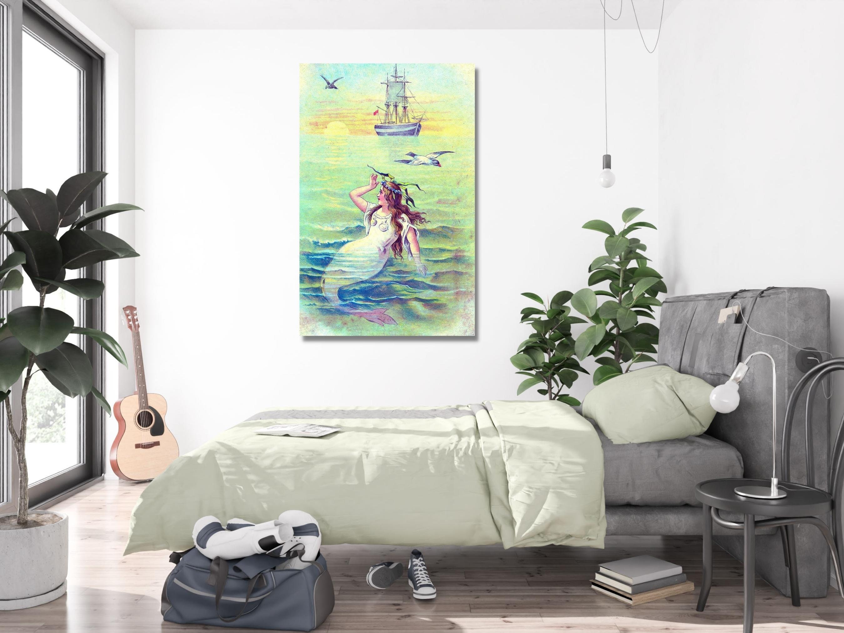 Antique Mermaid Painting Art Print, Vintage Mermaid Wall Art, Mermaid