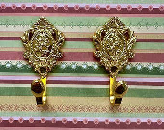 set of 2 ornate brass hooks. gold home decor