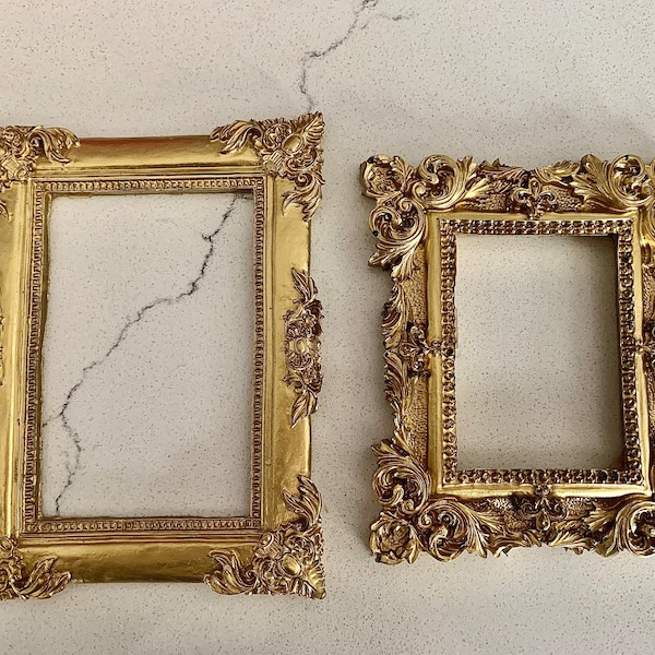 Read description. Smaller frames.Set of two gold ornate resin frames. Photography props styling flat lays wedding part crafts gift decor