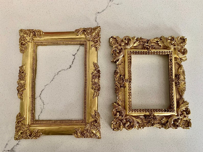 Read description. Smaller frames.Set of two gold ornate resin frames. Photography props styling flat lays wedding part crafts gift decor image 1