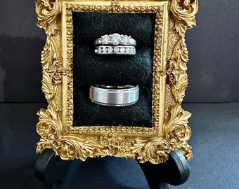 READ DESCRIPTION. handmade frame ring display holder. wedding rings gold ornate black styling flat lay photography