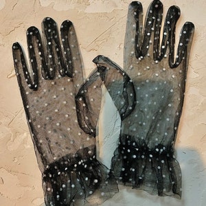 Sheer black gloves with white polka dots. Costume gifts weddings props photography crafts party