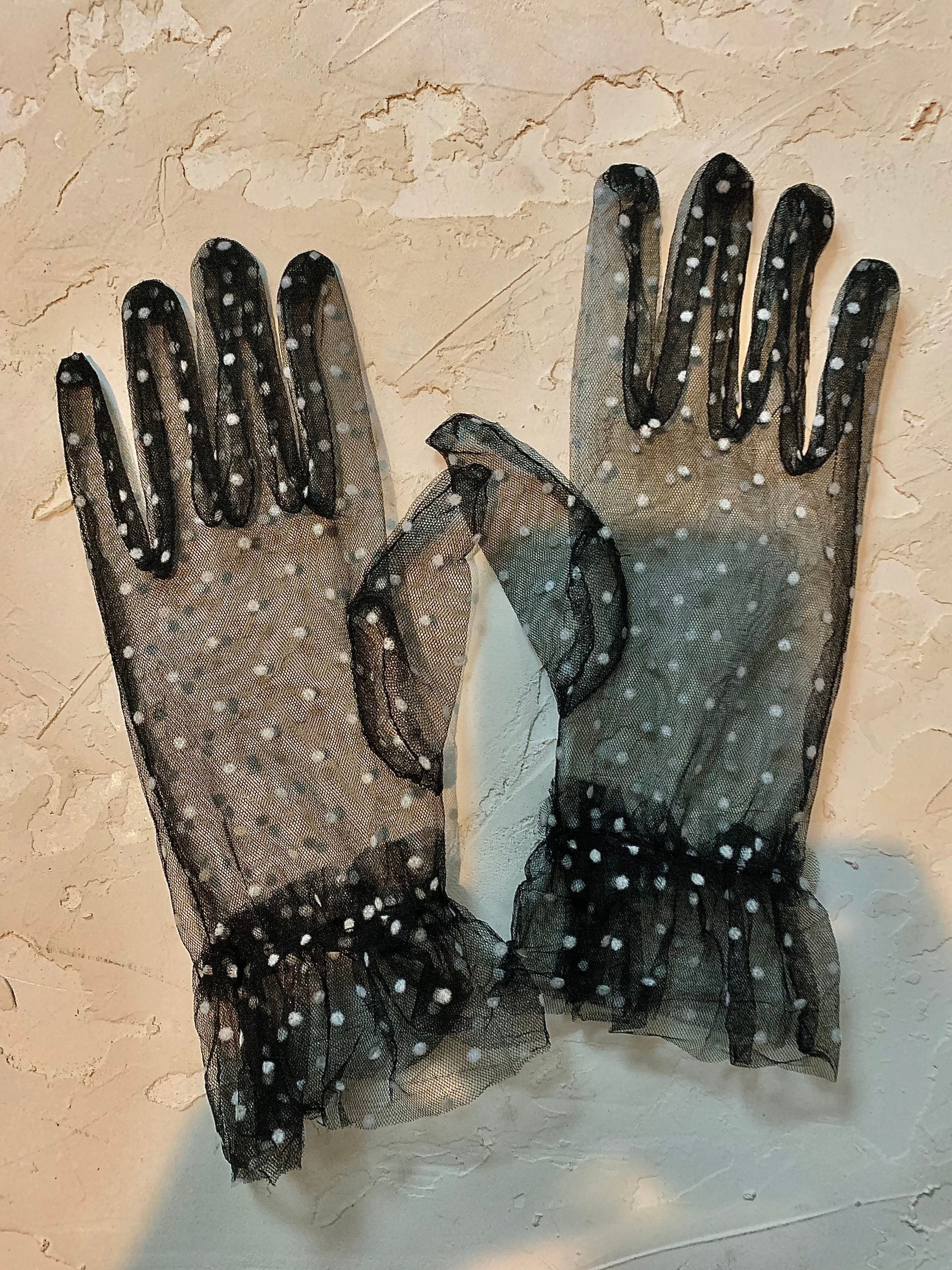 Sheer black gloves with white polka dots. Costume gifts weddings props photography crafts party