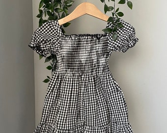Plaid Checkered Knee Length Girls Dress | Black and White | Puff Sleeve | Photoshoot Outfit | Fall Autumn Dress | Vintage Style | Birthday