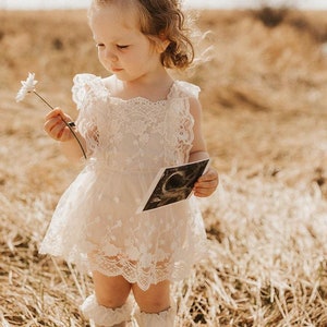 Girls Boho Elegant Floral Lace Dress or Romper in Cream | Bow Tie | Flower Girl | Birthday | Cake Smash | Special Occassion | Baptism Outfit