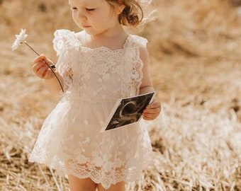 Girls Boho Elegant Floral Lace Dress or Romper in Cream | Bow Tie | Flower Girl | Birthday | Cake Smash | Special Occassion | Baptism Outfit