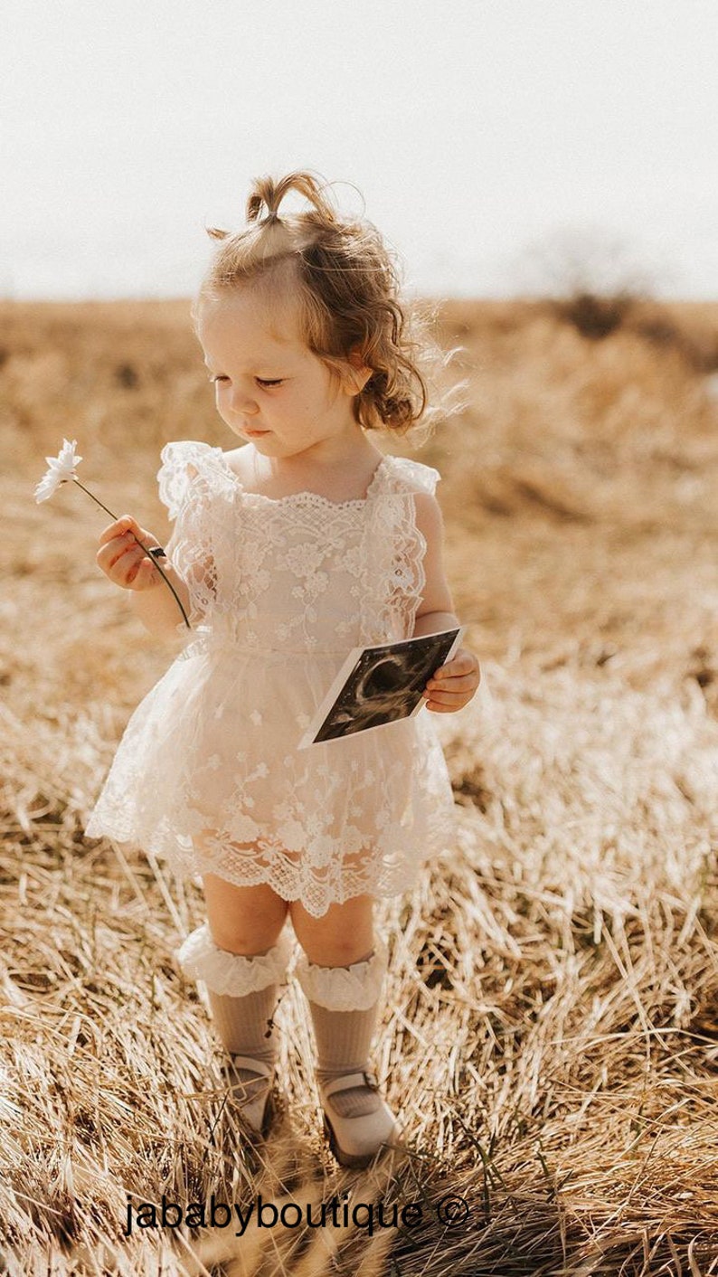 Girls Boho Elegant Floral Lace Dress or Romper in Cream Bow Tie Flower Girl Birthday Cake Smash Special Occassion Baptism Outfit image 1