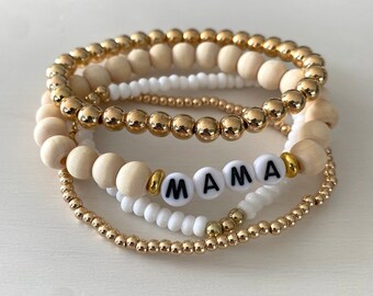 Four piece stackable Mama bracelets | Wooden | Plastic | Stretch | Mother’s Day Gift | Mama | Mom to Be | Boho | Stacking | Jewerly | Beaded