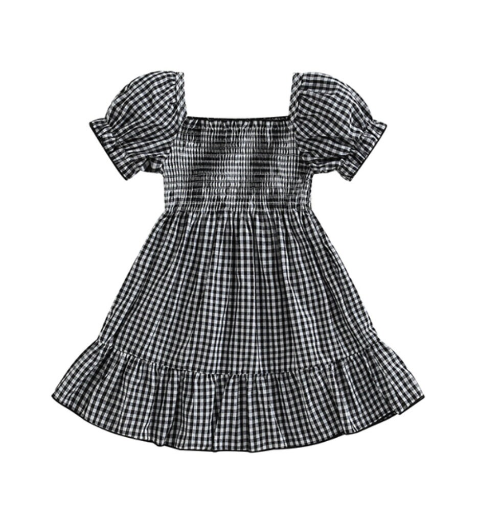 Plaid Checkered Knee Length Girls Dress Black and White Puff Sleeve Photoshoot Outfit Fall Autumn Dress Vintage Style Birthday