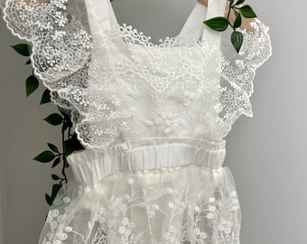 Beautiful Lace Baby Girl Romper in White | Flower Girl | Ceremony | Baptism | Photoshoot | Special Occassion | Wedding | Cake Smash