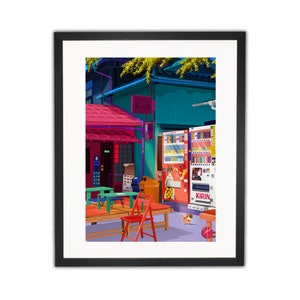 May include: A colorful illustration of a Japanese street scene with a vending machine, a small cafe, and a red chair. The vending machine is labeled "KIRIN" and has a variety of drinks and snacks. The cafe has a red awning and a sign that says "5-1-R".