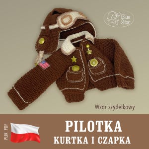 Może przedstawiać: Szydełkowy brązowy zestaw kurtki i czapki lotnika z białym wykończeniem i złotymi akcentami. Kurtka posiada naszywkę z flagą amerykańską i ozdobne guziki. Czapka posiada gogle i nauszniki. Ręcznie robione.