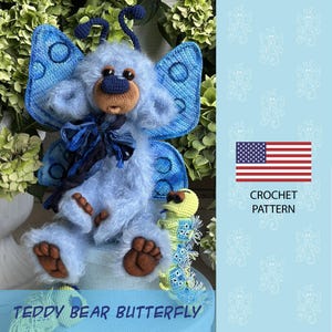 May include: Crochet pattern for a blue teddy bear butterfly with a green caterpillar. The pattern is available for download and includes instructions for making the bear and the caterpillar.