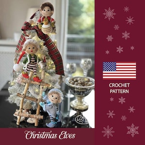 May include: Crochet pattern for three Christmas elves. The elves are dressed in red, green, and blue. The pattern is available in English. The image also includes a small American flag and the text "CROCHET PATTERN".