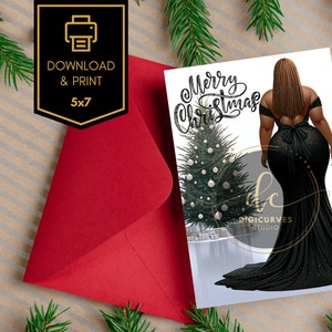 Druckbare Weihnachtskarte | Weihnachtskarte für afroamerikanische Frau | Digitaler Download | Weihnachtskarte | Schwarze kurvige Frau
