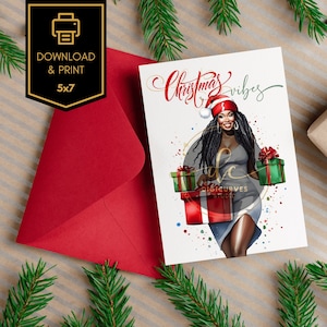 Cartão de Natal para impressão | Cartão de Natal para mulher afro-americana | Download digital | cartão de férias | Mulher com dreadlocks