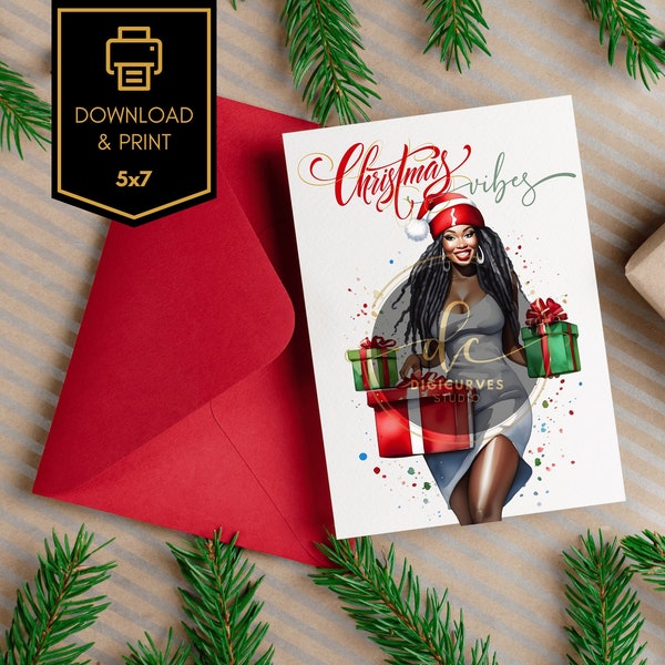 Printable Christmas Card | Christmas Card for African American Woman |  Digital Download | Holiday Card | Woman with Dreadlocks