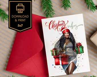 Printable Christmas Card | Christmas Card for African American Woman |  Digital Download | Holiday Card | Woman with Dreadlocks