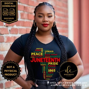May include: A black t-shirt with a graphic design featuring the words "Juneteenth" and other related terms in red, green, and yellow. The design is in the shape of a cross. The t-shirt is being modelled by a person with dark hair and dark skin.