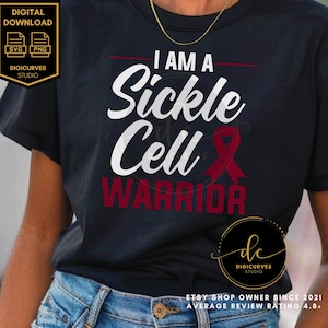 May include: Black t-shirt with white text that reads "I am a Sickle Cell Warrior" and a red ribbon. The text "DIGICURVES STUDIO" is also visible on the shirt.