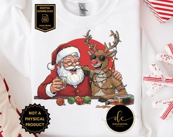 Funny Santa and Rudolph Christmas PNG: Drunk Santa Party Clipart | Holiday Bar Humor | Funny Christmas Shirt Design