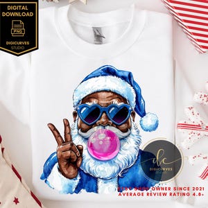 Trendy Black Santa Claus PNG | African American Santa | Santa Blowing Bubblegum |  Sublimation | Black Santa PNG | Funny Santa