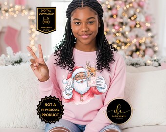 Black Santa PNG: Selfie with Rudolph | Kids Christmas Sublimation | Holiday Clipart | Santa Peace Sign | Digital Download