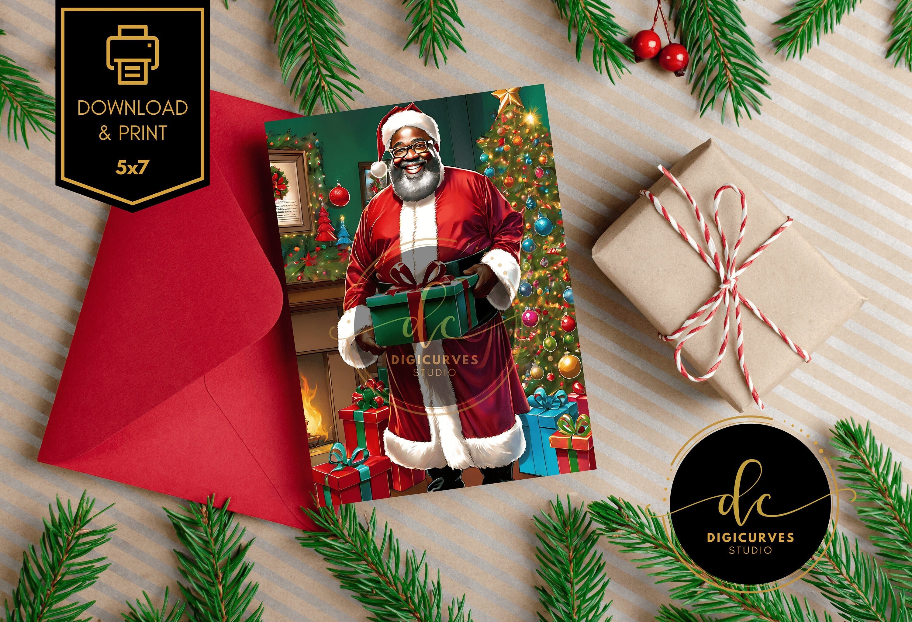 Printable Christmas Card | African American Greeting Card | African American Santa | Black Greeting Card | Digital Download | Holiday Card