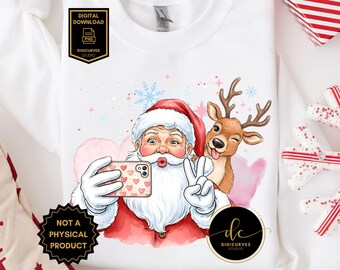 Santa Selfie with Rudolph PNG | Kids Christmas Sublimation | Cute Holiday Clipart | Santa Kiss Pose | Digital Download