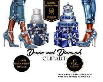 Denim & Diamonds PNG | Clipart wysokich obcasów | Sublimacja | Clipart czarnej kobiety | Eleganckie obcasy | Afroamerykanka PNG | Modne obcasy